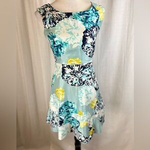 J. Crew Silk Aqua Floral Sleeveless Midi Dress with Navy & Yellow